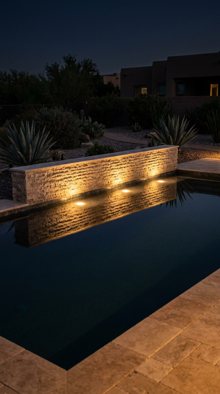 Warm submerged lights grazing a split-face travertine wall reflected in still dark pool water