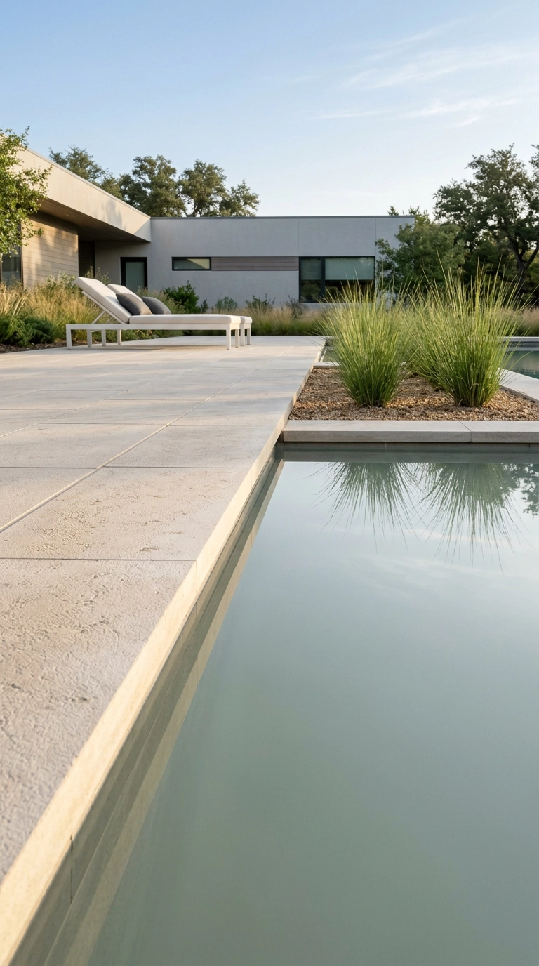 Pale limestone deck running flush to a slim coping with mirror-still grey-green water