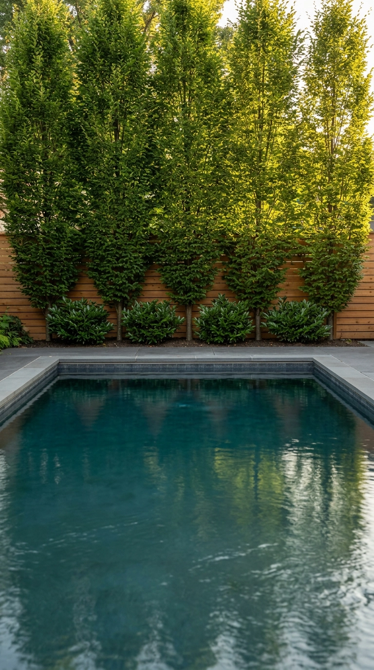 Layered screen of upright hornbeam trees and dark shrubs reflected in a blue-green pool