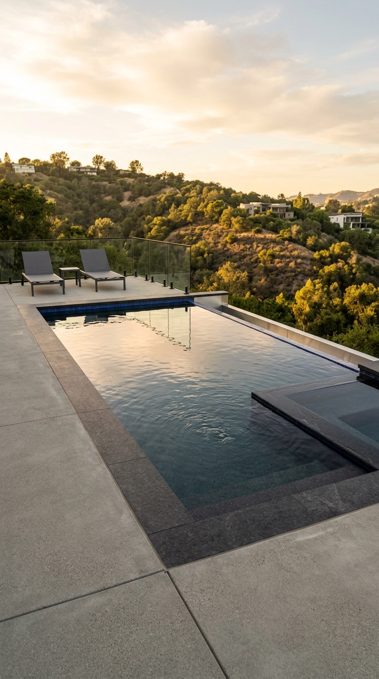 Negative-edge pool with black granite coping overlooking a hillside at golden hour