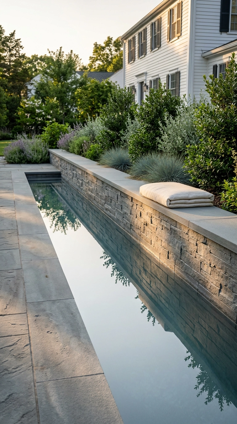 Low stacked bluestone seat wall with a wide cap running alongside a silvery-blue pool