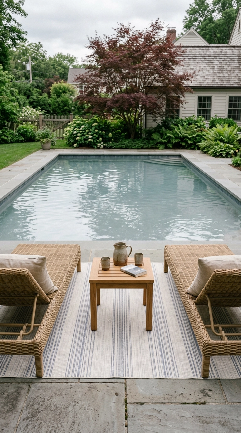 Ivory and indigo striped outdoor rug anchoring two rattan lounge chairs by a bluestone pool