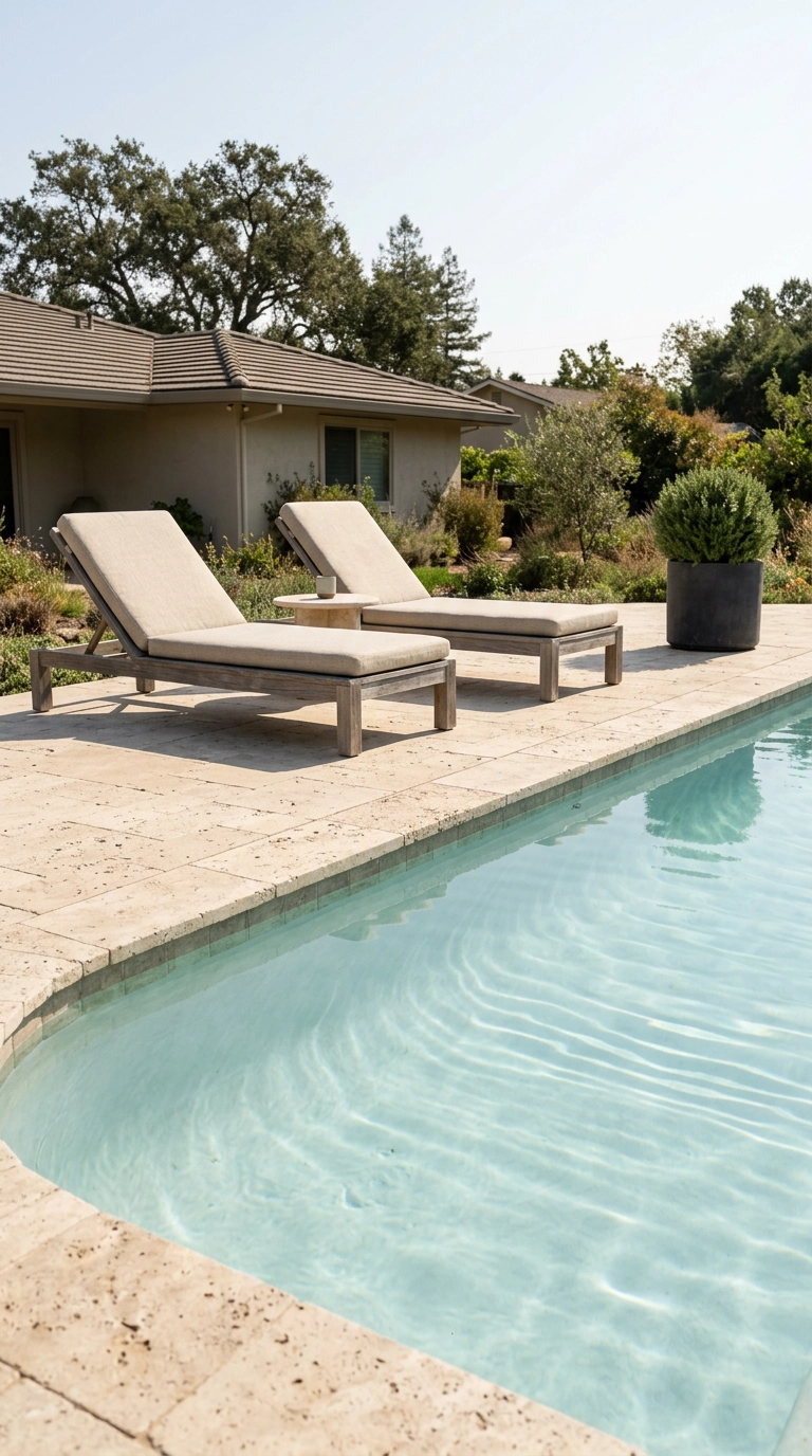 Two weathered teak loungers with oatmeal cushions on a travertine pool deck