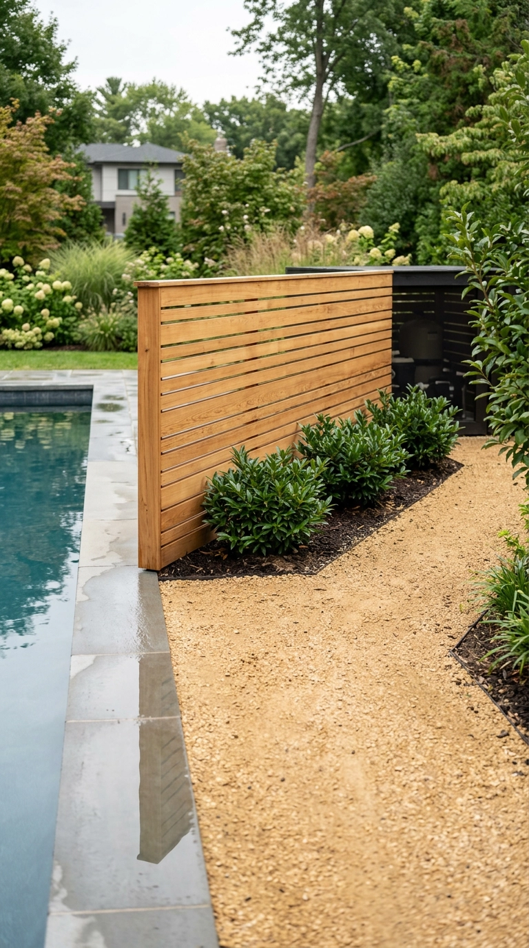 Horizontal cedar slat screen hiding pool equipment with dark glossy shrubs at its base