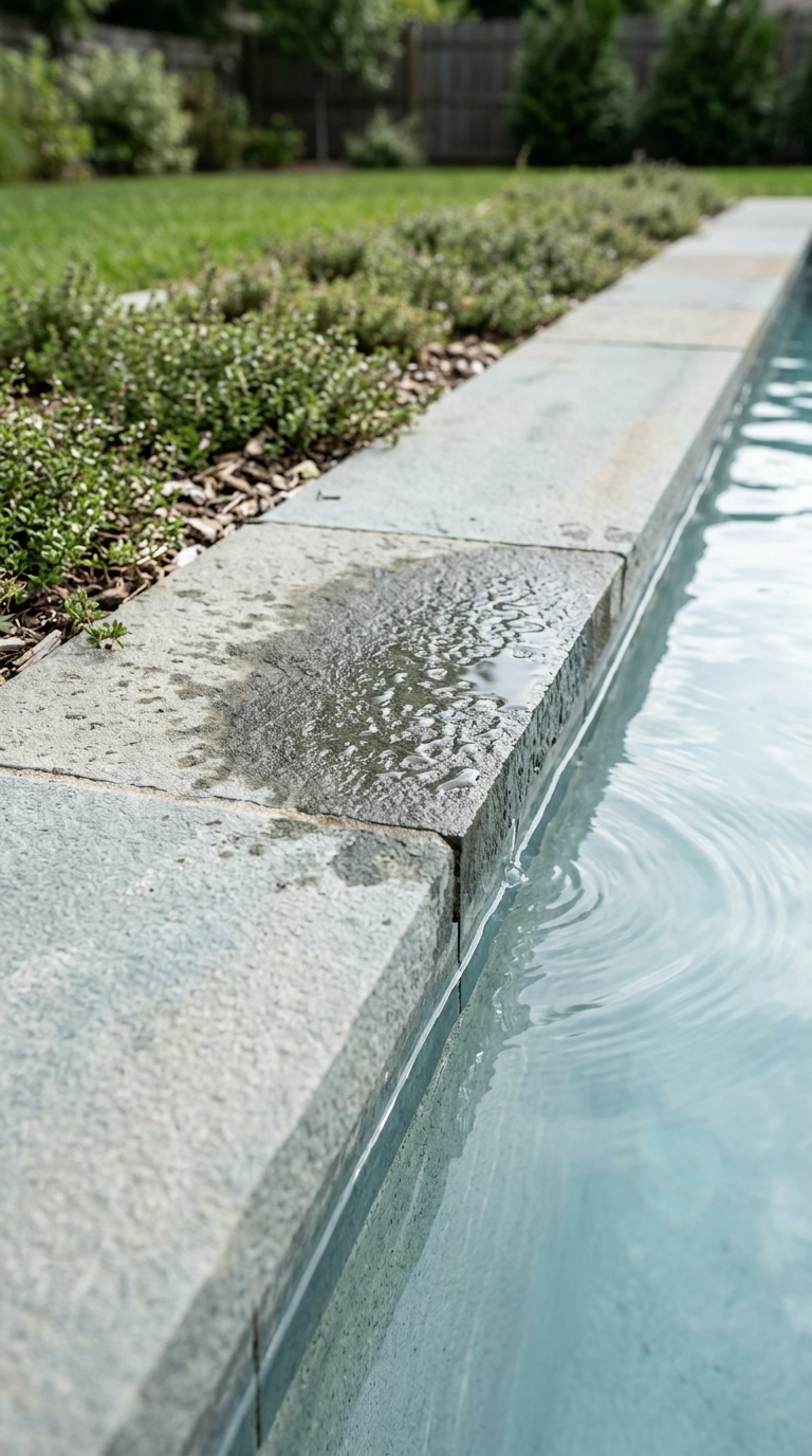 Close-up of thermal bluestone pool coping with wet splash marks and creeping thyme behind
