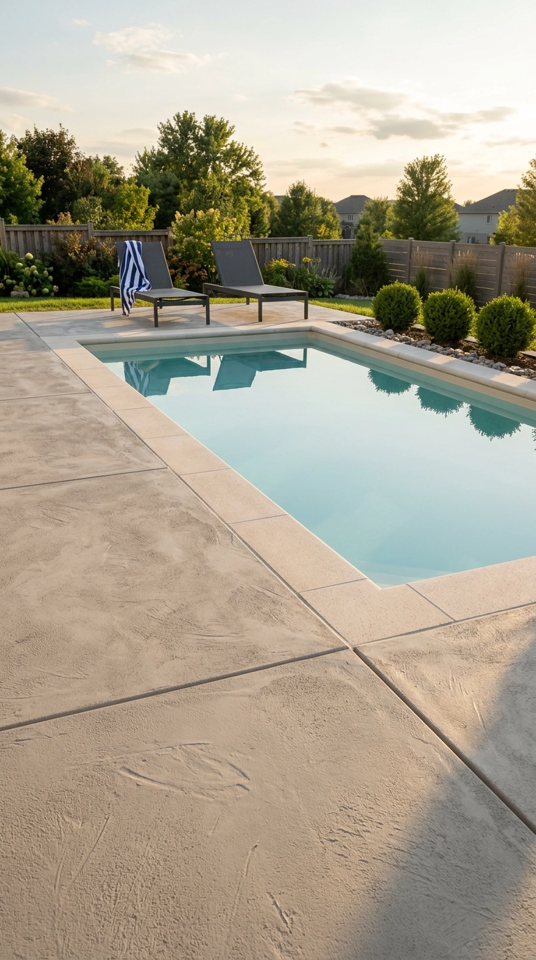 Warm greige troweled concrete overlay pool deck with two charcoal sling loungers
