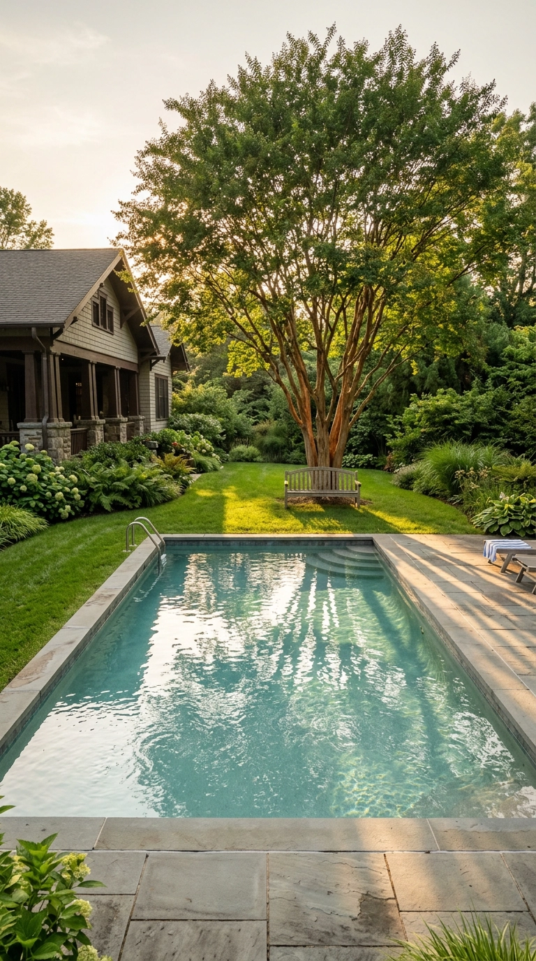 Multi-trunk crape myrtle set back from a bluestone pool casting dappled shade on the deck