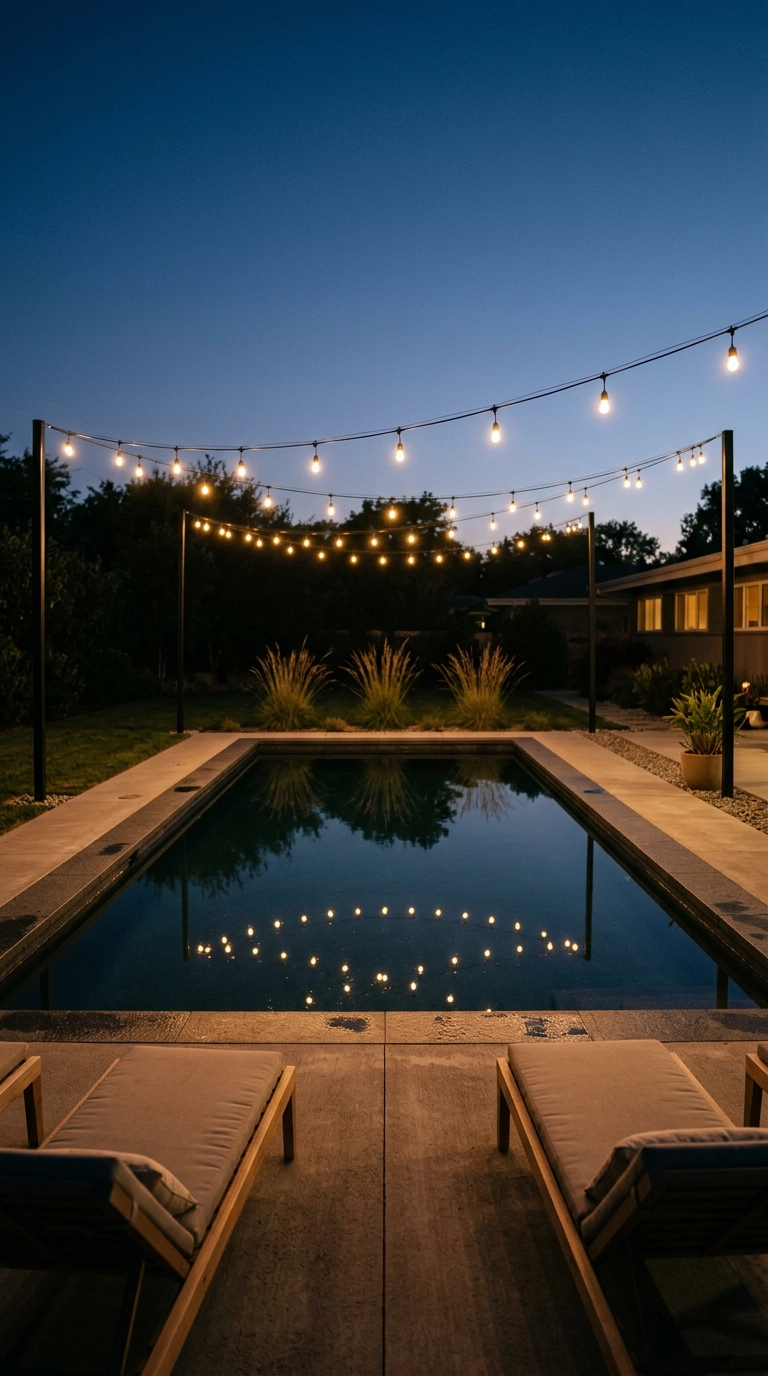 Three taut strands of warm bistro string lights above a pool reflecting as golden dots in still water