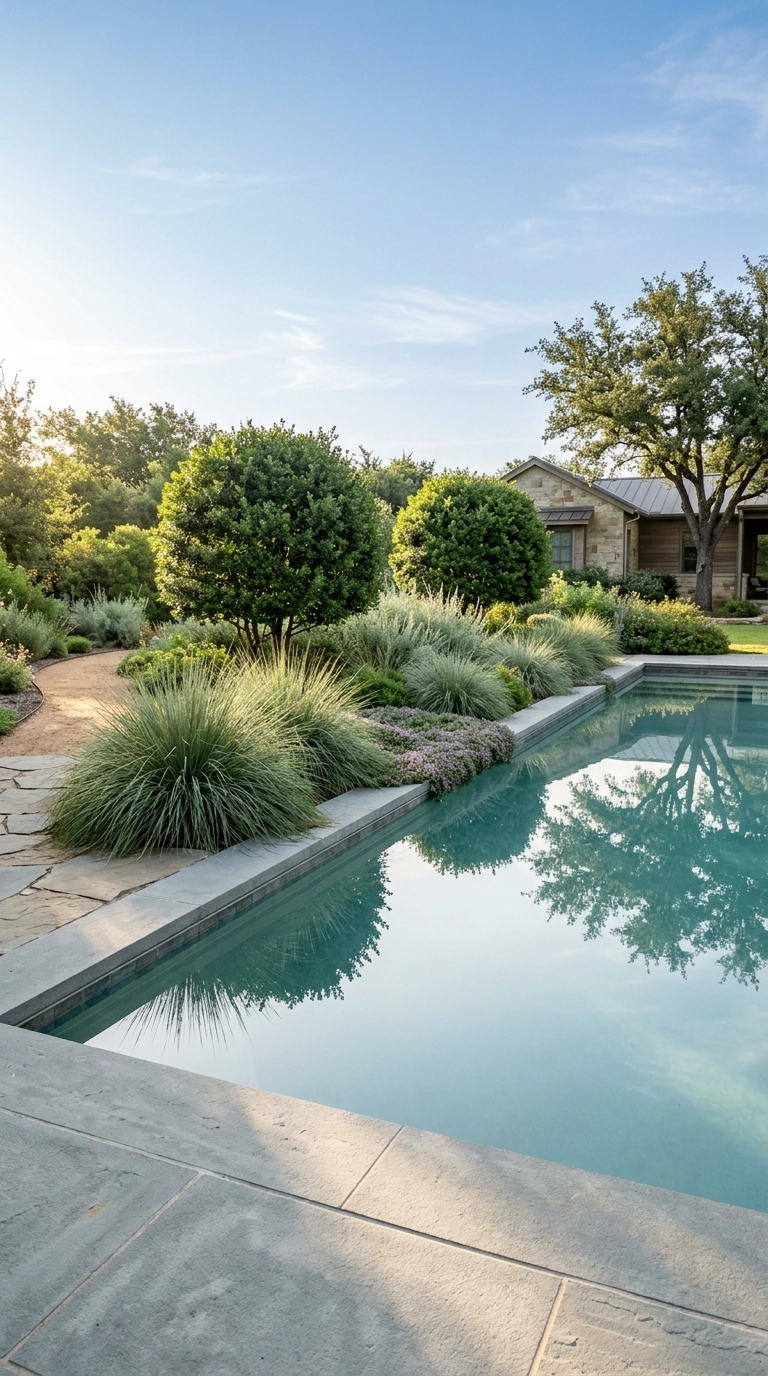 Rectangular pool with bluestone coping and blue oat grass planted right up to the stone edge