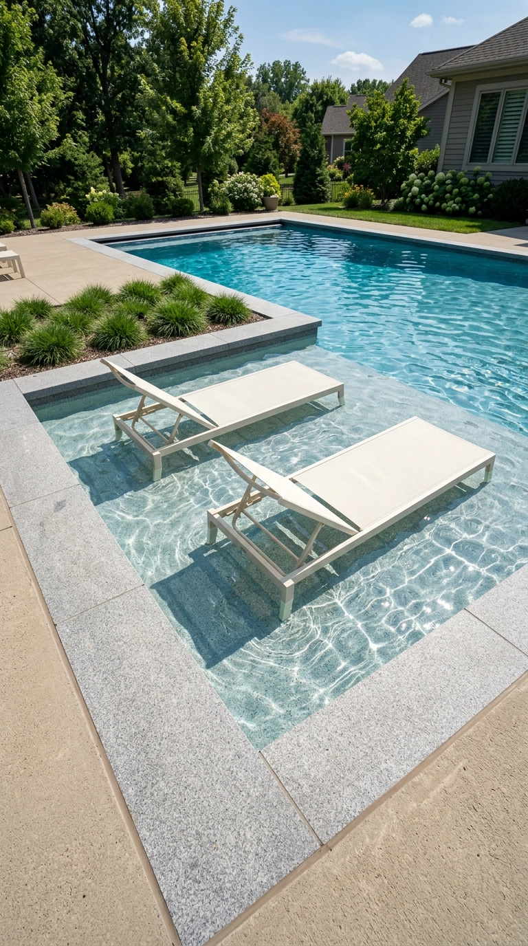 Shallow tanning ledge with two ivory in-water loungers and bright caustic light patterns