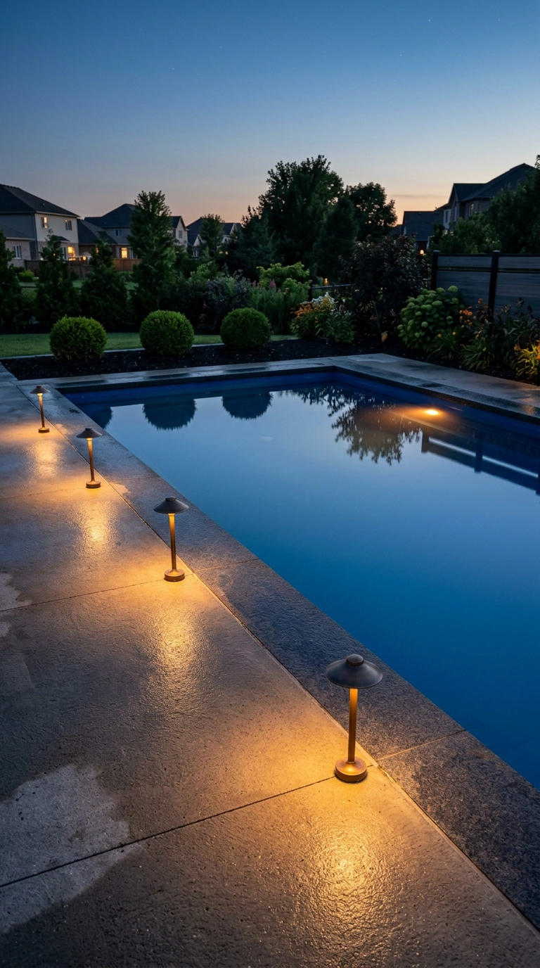 Pool at dusk lit by four warm 2700K bronze path lights and one amber underwater light