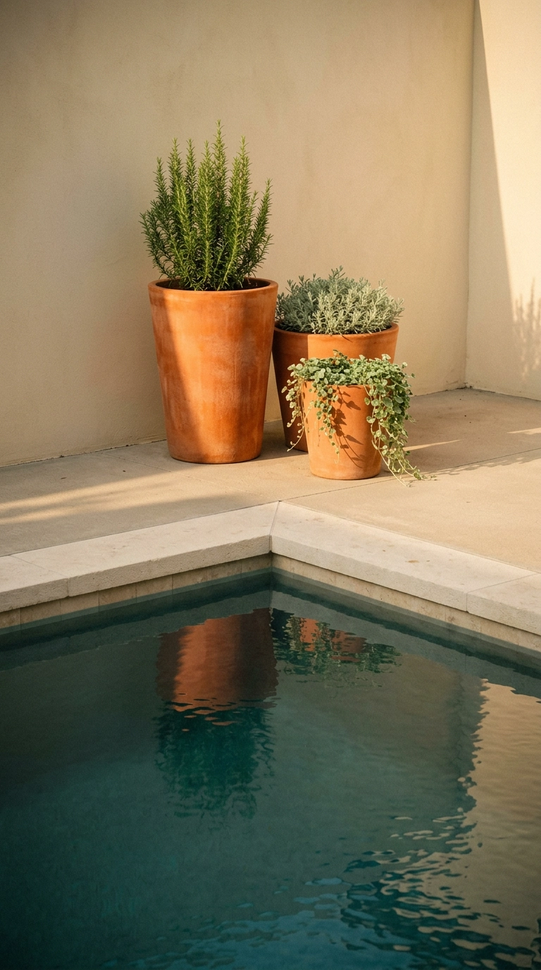 Three graduated terracotta pots with rosemary and santolina beside a teal plunge pool