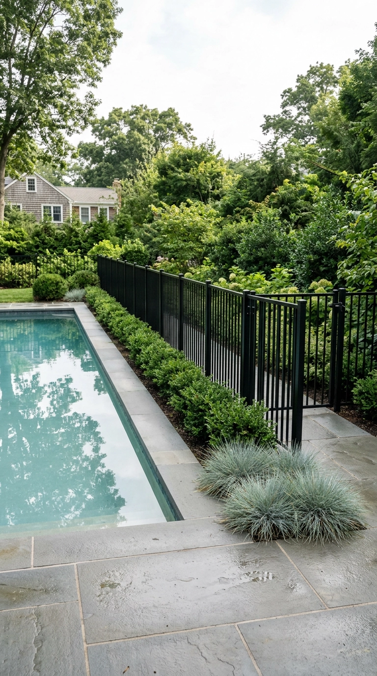 Slim black aluminum pool safety fence disappearing into planting beside a bluestone deck