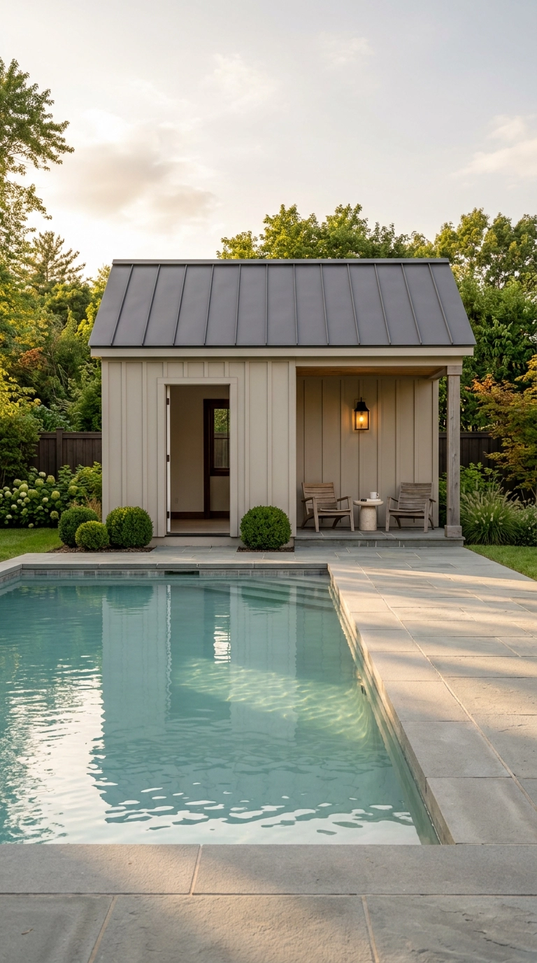 Small greige board and batten pool house with a covered porch reflected in a blue-green pool