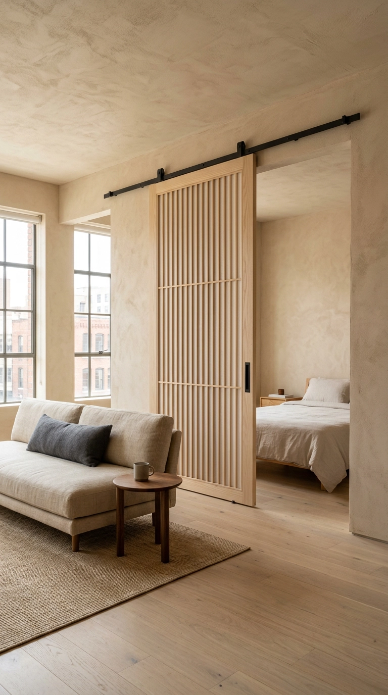 Pale ash slatted barn door dividing the sleeping and living areas of an open studio apartment