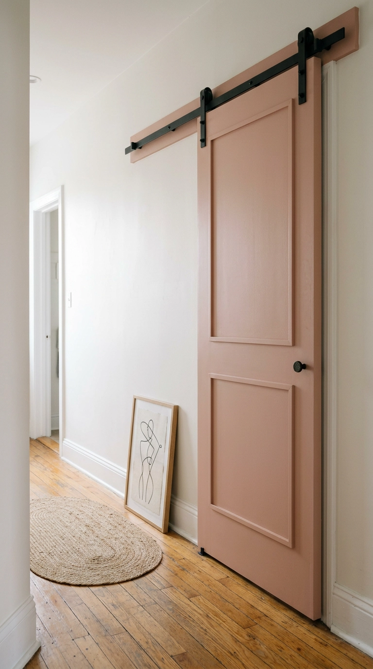 Clay pink hollow-core barn door with applied trim molding in a small rental apartment hallway