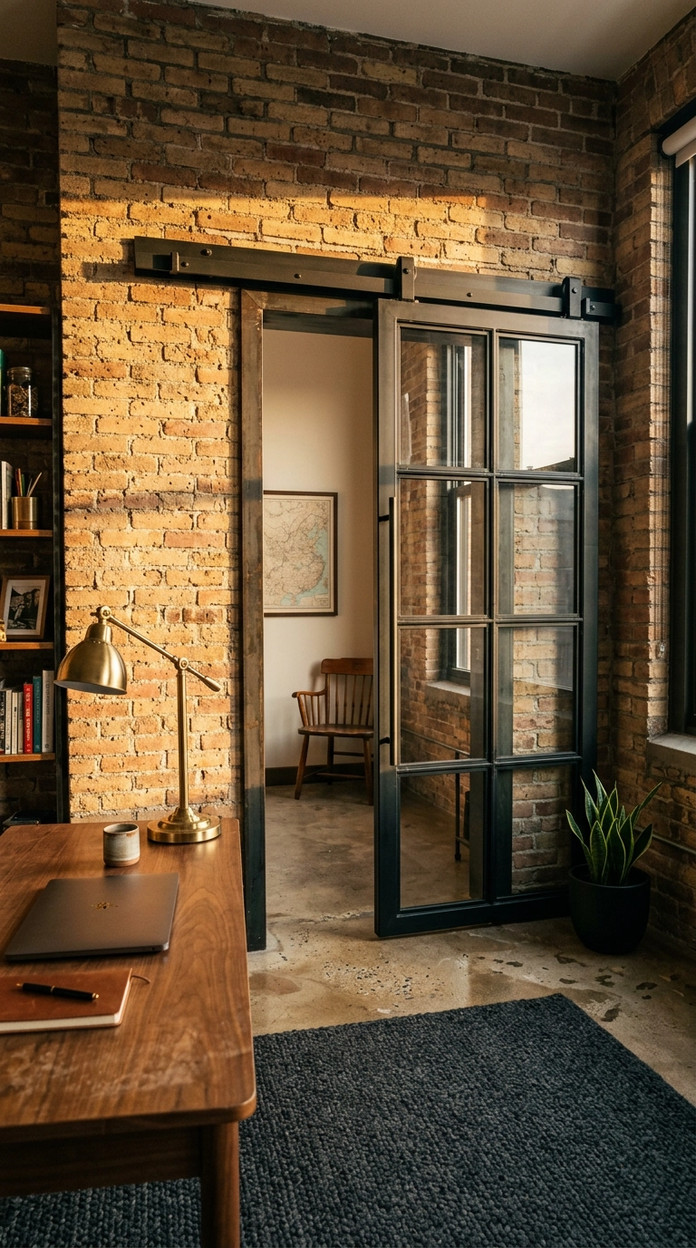 Black steel and glass industrial barn door beside an exposed brick wall in a loft office