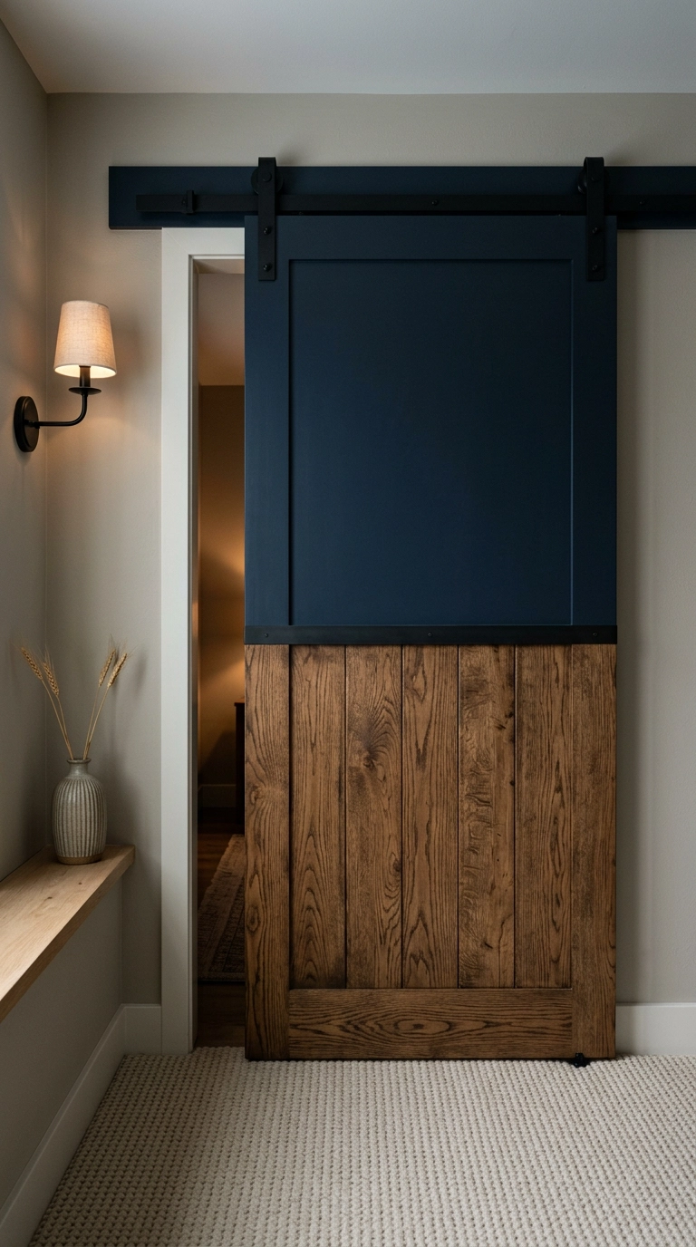 Two-tone barn door with smoked oak planks below and deep navy painted panel above