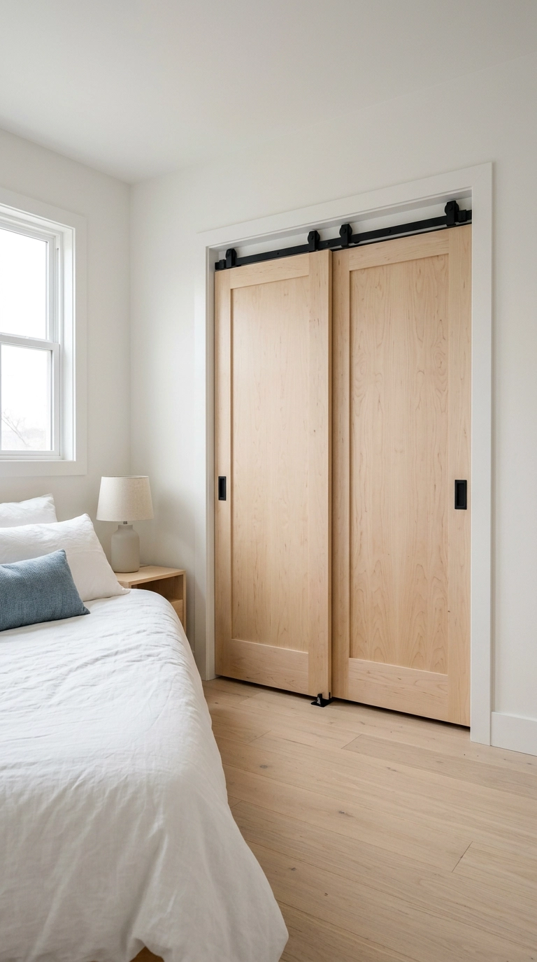 Two pale birch bypass barn doors on a double black track covering a reach-in closet