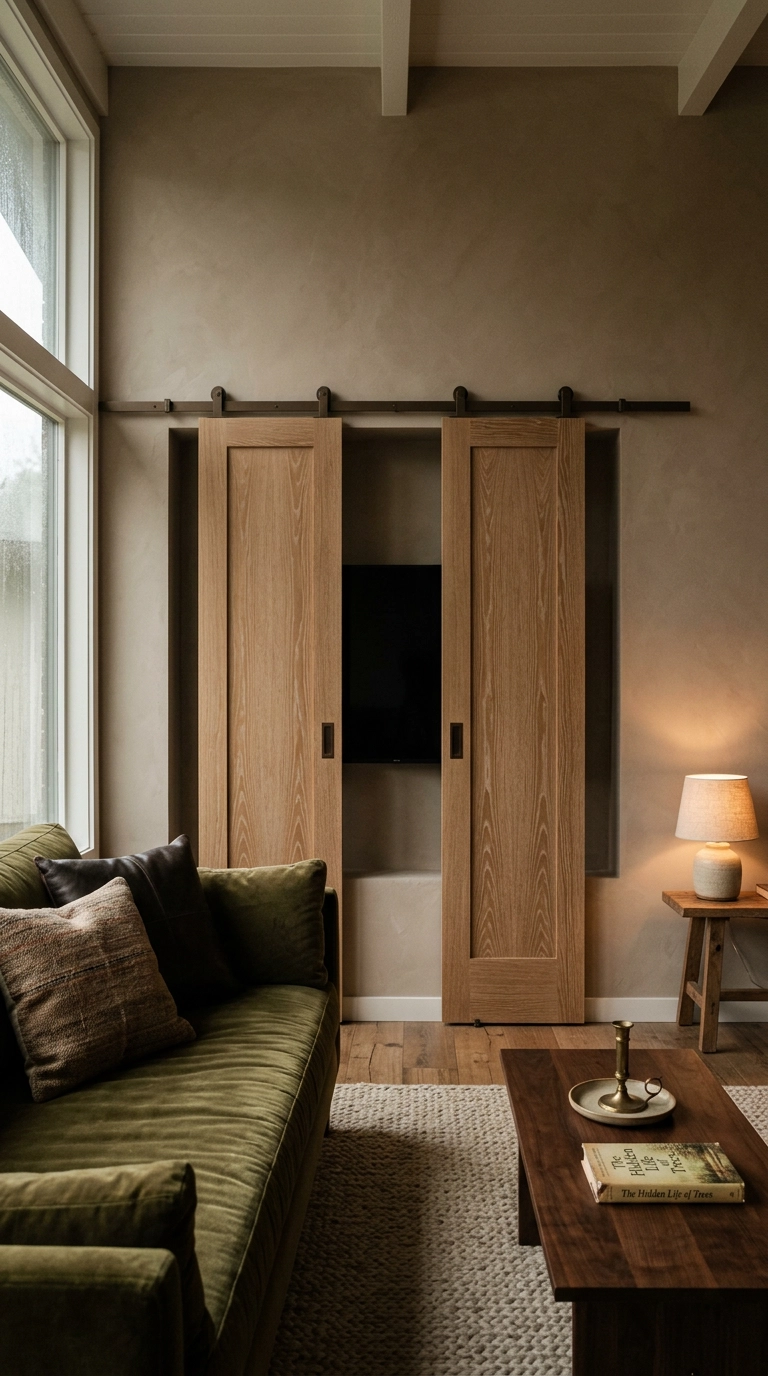 Two cerused white oak barn doors sliding shut over a built-in television niche in a family room