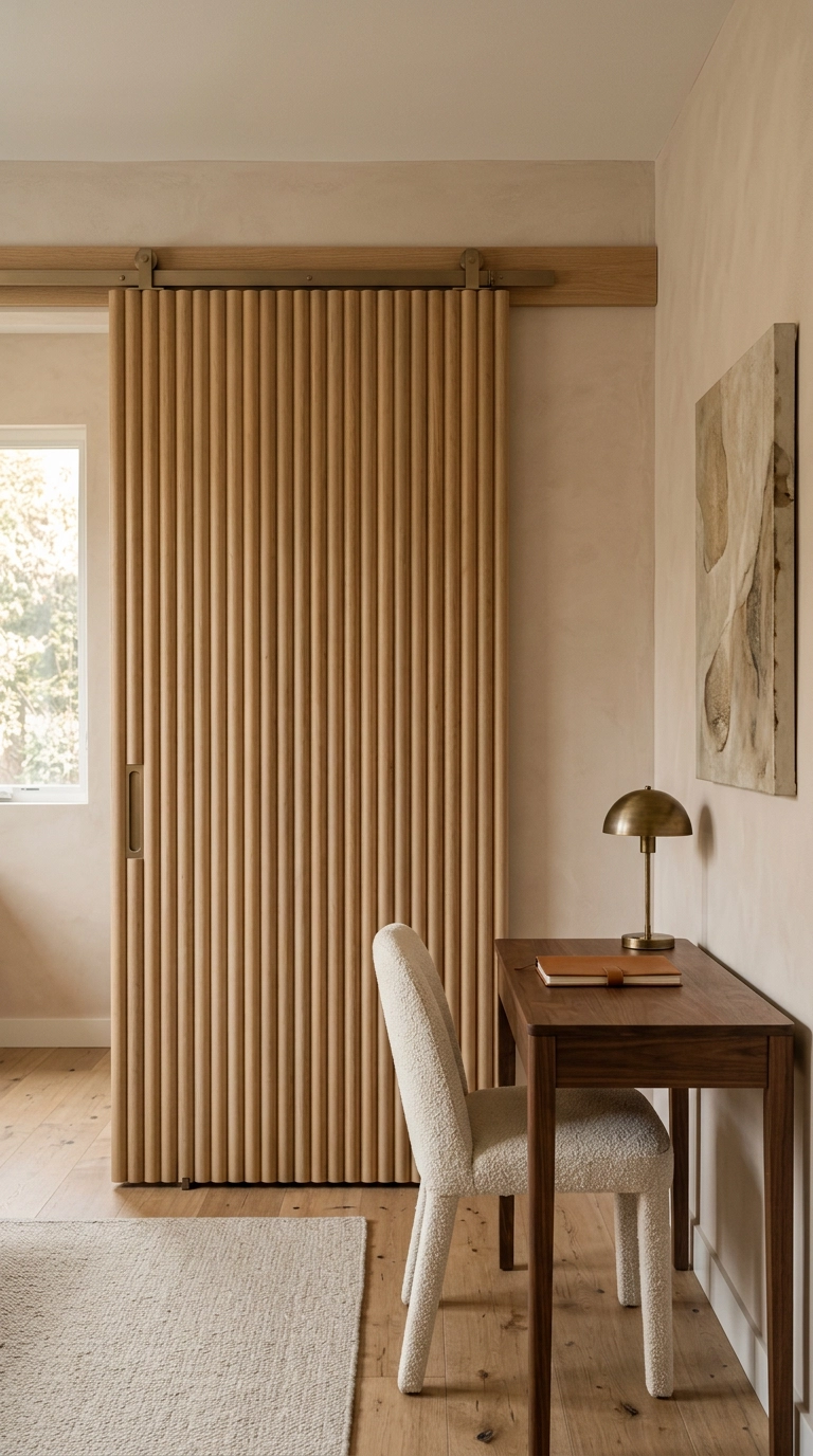 Fluted white oak barn door with bronze track in a small clay-toned home office