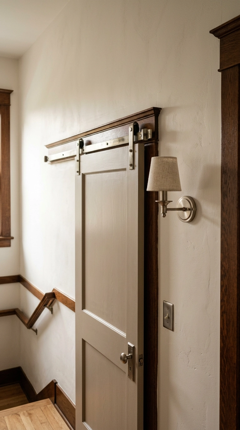 Satin nickel barn door track beside a matching nickel wall sconce on a bungalow stair landing