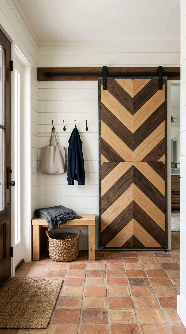 Chevron pattern barn door in light oak and dark walnut in a farmhouse mudroom