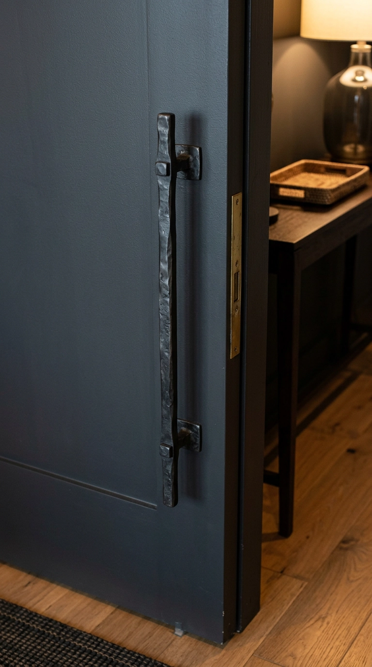 Long blackened iron ladder pull on a charcoal barn door in a dim condo entry hall