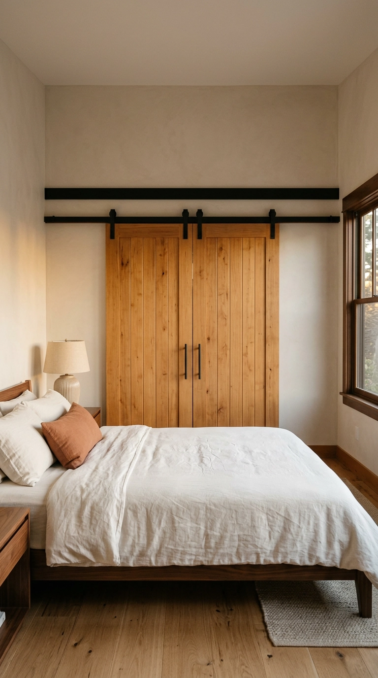 Two honey-toned barn doors meeting in the center on a single black track in a bedroom