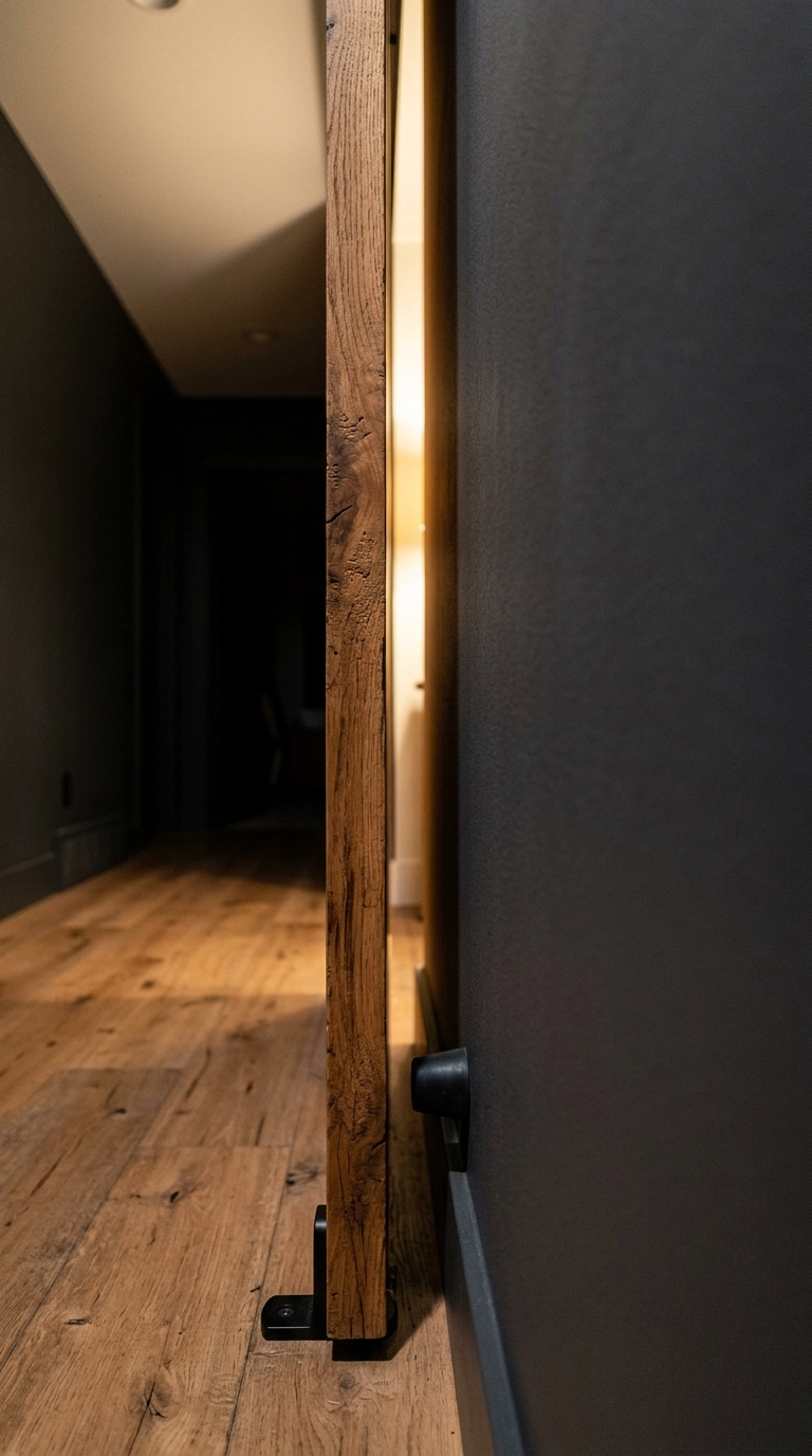 Close-up of a barn door edge showing the narrow gap and warm light spilling into a dark hallway