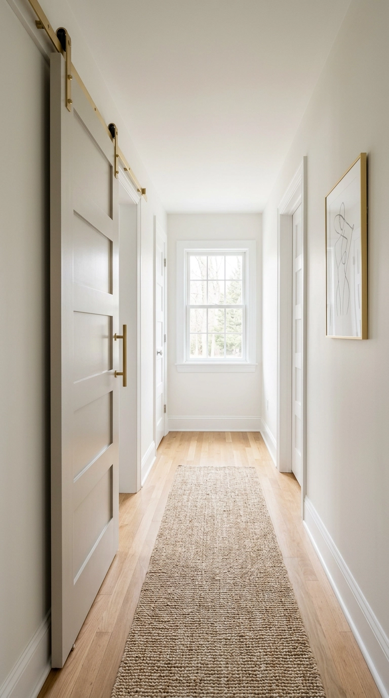 Greige painted shaker barn door with brass track in a bright upstairs hallway