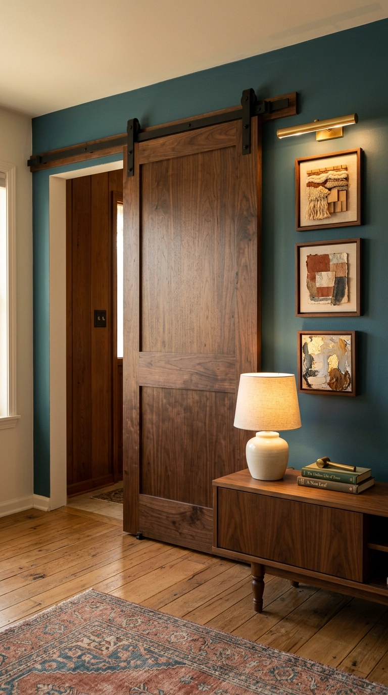 Walnut barn door parked open over a deep teal wall with a vertical column of small framed art beside it