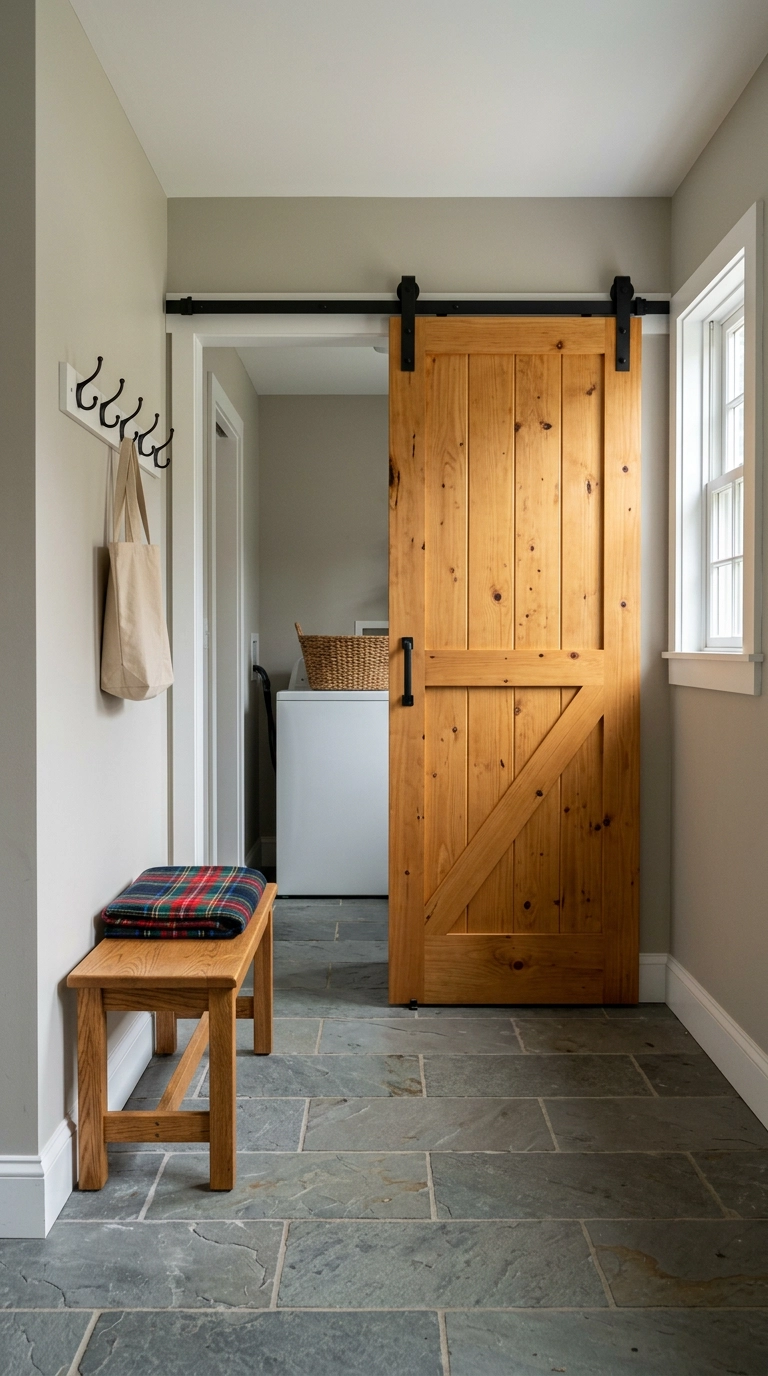 Simple honey pine Z-brace barn door on black track in a Cape Cod back hall
