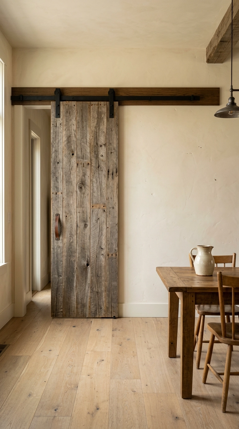 Reclaimed wood barn door with weathered grey planks on black track in a farmhouse dining room