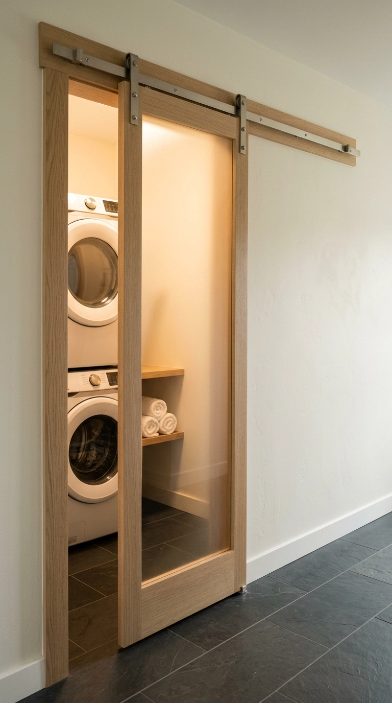Frosted glass barn door with oak frame glowing softly outside a small laundry room