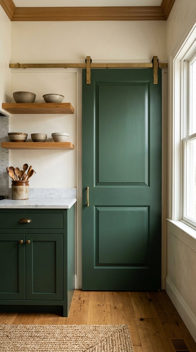 Deep green pantry barn door matching kitchen cabinets with brass track and pull