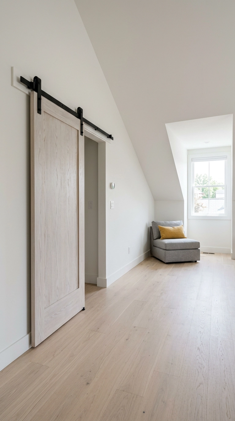 Pale ash barn door parked open along a bare bonus room wall next to a light switch and thermostat