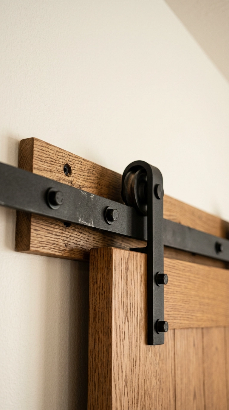 Close-up of black barn door track bolted to a stained oak header board on a white wall
