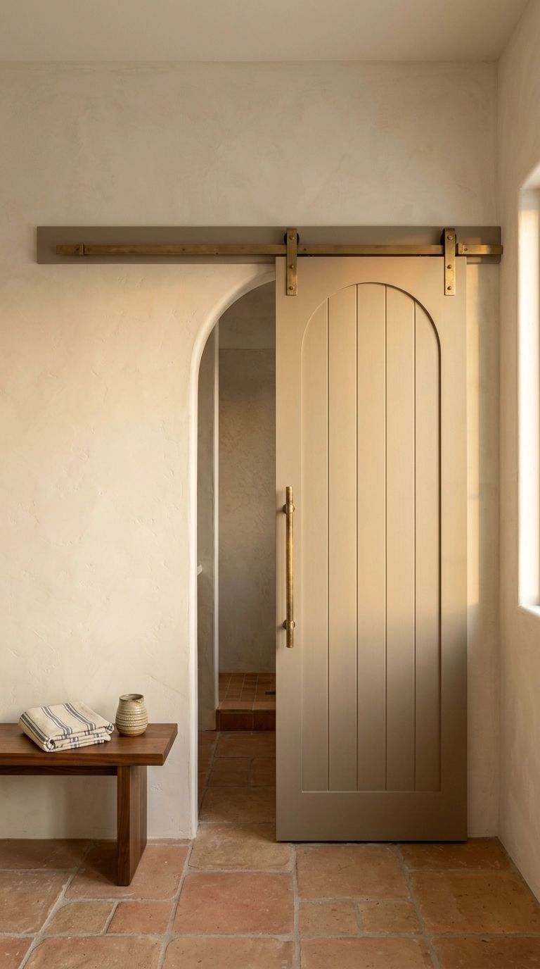 Arched top barn door in warm putty paint with brass track outside a primary ensuite