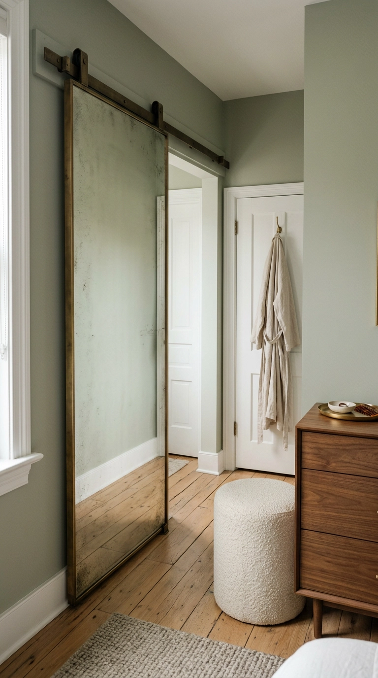 Mirrored barn door in an aged brass frame beside a walnut dresser in a dressing area