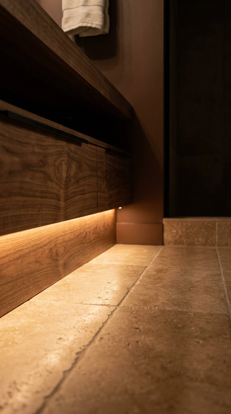 Warm LED strip glowing under a walnut floating vanity onto travertine basement bathroom floor