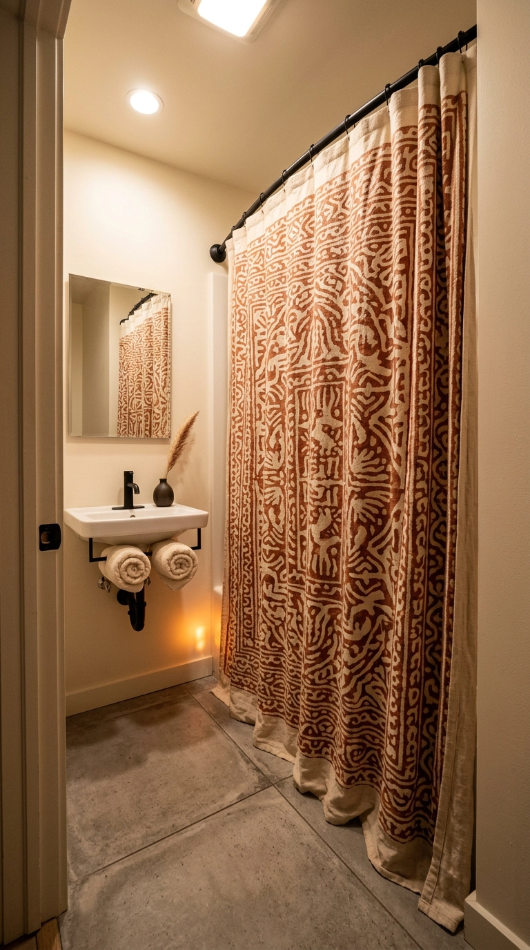 Terracotta block-print shower curtain on a curved black rod in a small basement bathroom