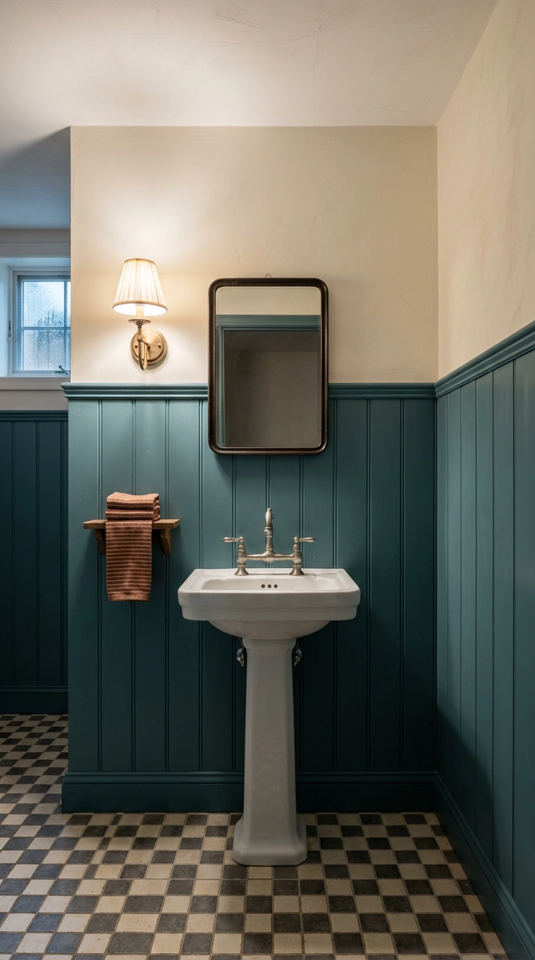 Deep teal board and batten half wall with cream upper wall in a basement half bathroom