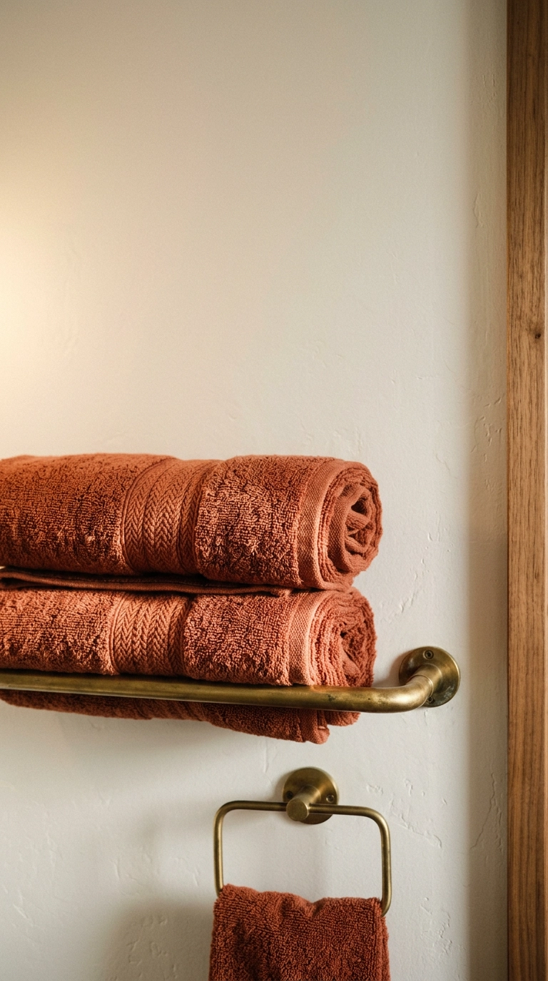 Two rolled terracotta towels on an aged brass bar against a bone-white basement bathroom wall
