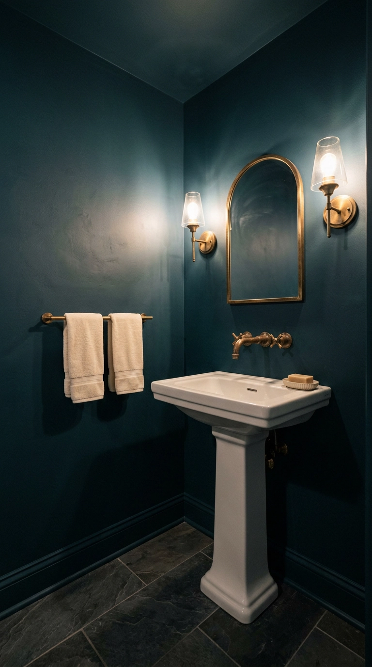 Small basement bathroom color drenched in deep inky blue-green with brass sconces and a pedestal sink