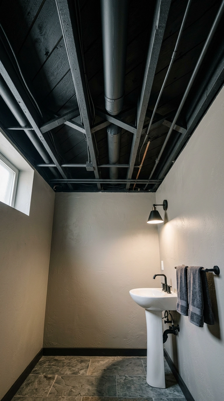 Basement bathroom with exposed joists and pipes painted flat charcoal to blend into the ceiling