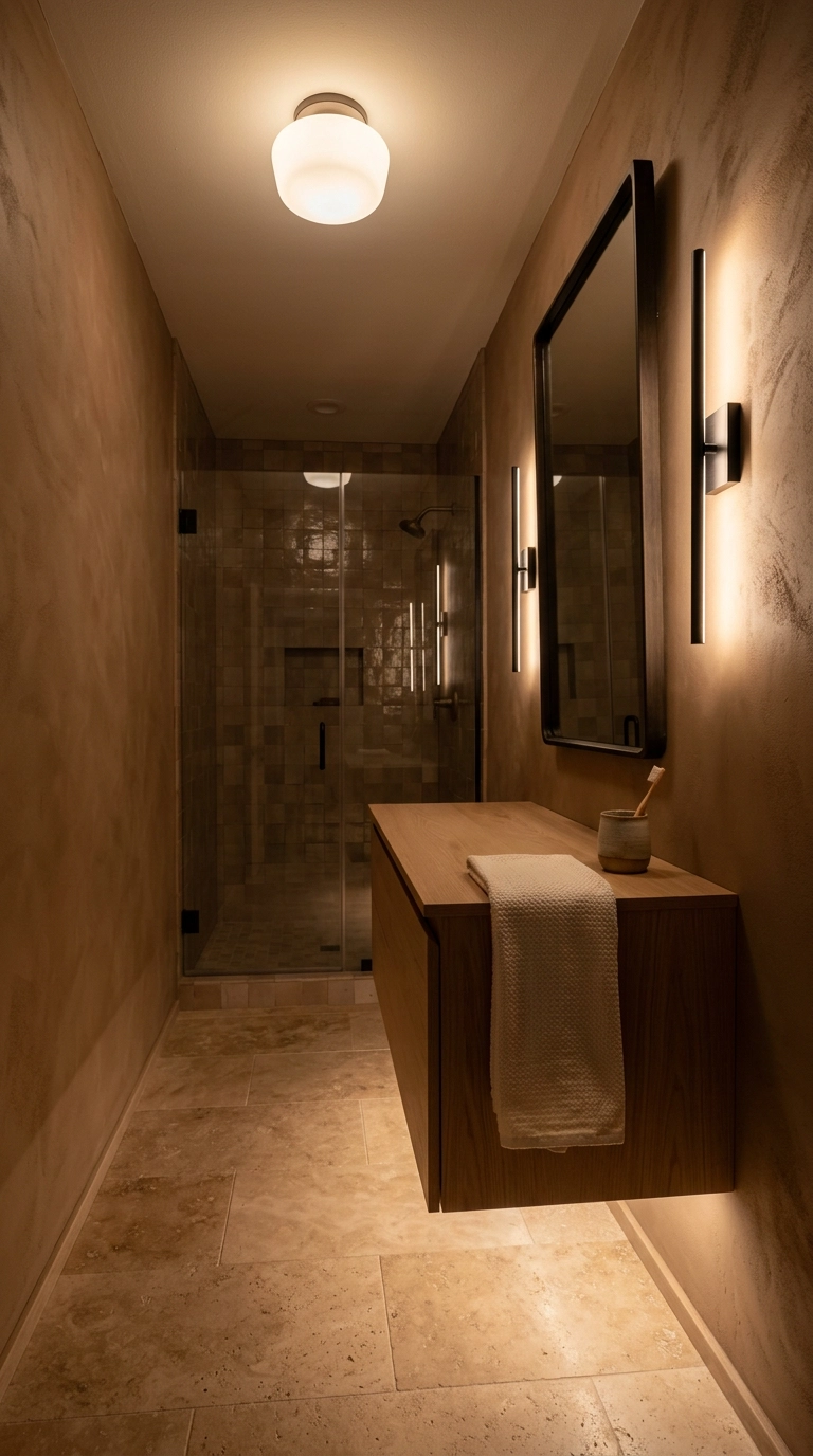 Basement bathroom with layered lighting from sconces, a flush ceiling dome, and under-vanity LED glow