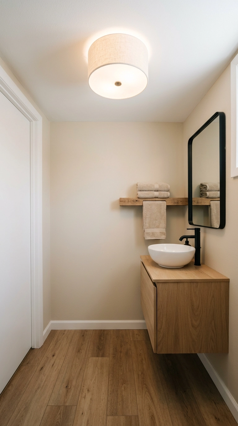Flush-mount linen drum ceiling light in a low-ceiling basement bathroom with oak vanity