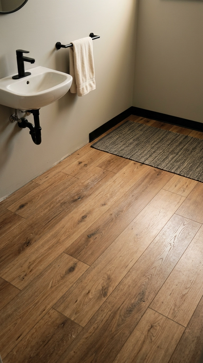 Warm oak-look vinyl plank flooring over concrete in a small basement bathroom with grey walls