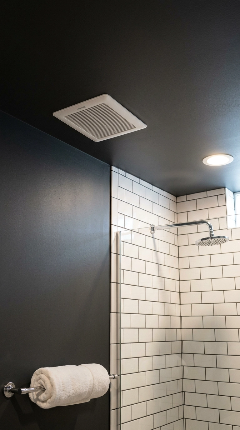 Low charcoal basement bathroom ceiling with a flush low-profile exhaust fan above a tiled shower